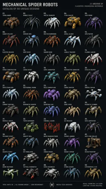 CG Illustration image example: Collection of Fifty Mechanical Spiders CG Concept Art