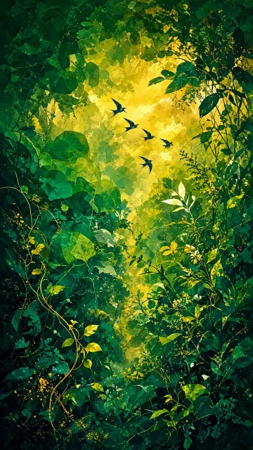 Stream of Consciousness Emerald Forest with Swallows Illustration