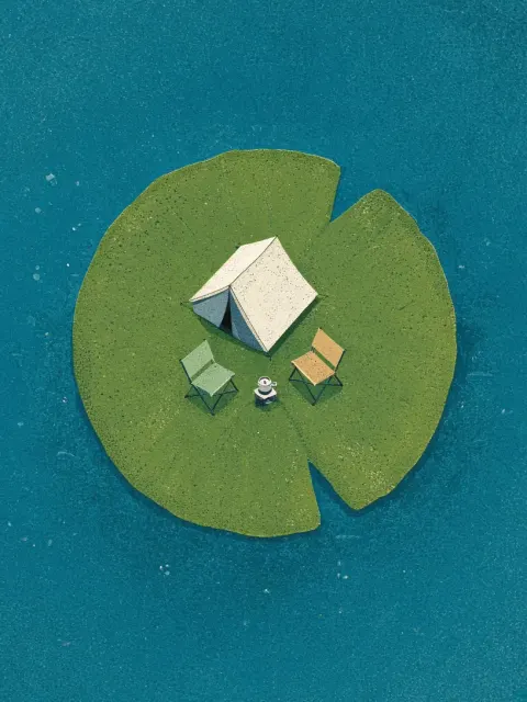 Screenprint Style Pond Lily Pad Camping Scene
