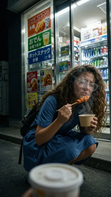 Night Scene image example: Candid Night Snapshot of Schoolgirl Outside Convenience Store