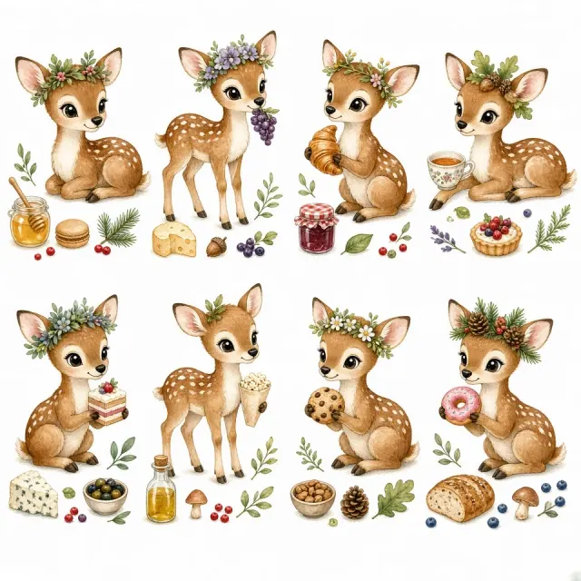 Woodland Watercolor Illustration of Eight Fawns