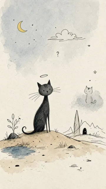 Cat image example: Whimsical Doodle Cat in Minimalist Landscape