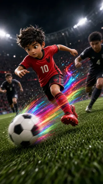 Panoramic Wide View image example: Dynamic 3D Illustration of Cute Soccer Boy Dribbling