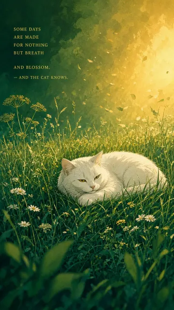 Healing Atmosphere image example: Poetic Storybook Illustration of Gold-Eyed White Cat