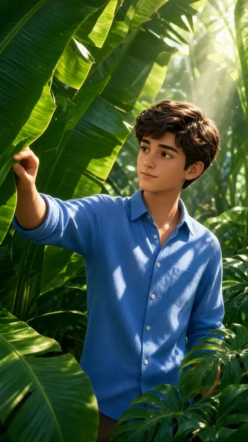 fresh and natural image example: Digital Art Wallpaper of Boy Parting Banana Leaves