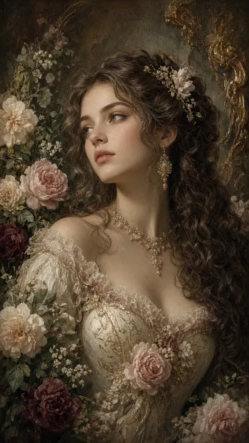 Rococo Style image example: Rococo Style Brunette Woman with Floral CG Illustration
