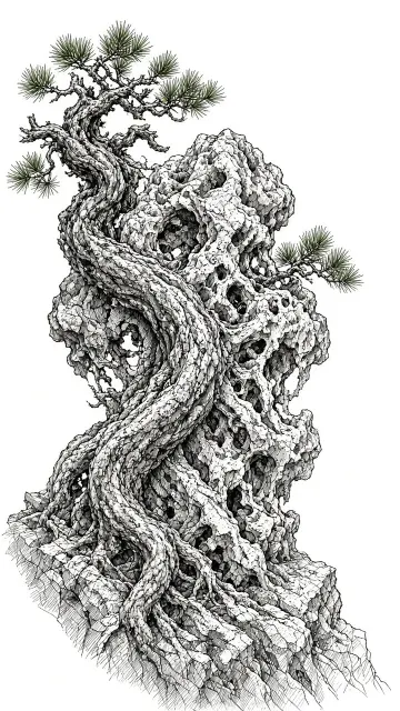 Traditional Art image example: Pen and Ink Stippled Pine Root and Taihu Stone Illustration