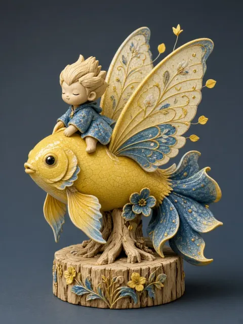 Wood Carving image example: Ceramic Sculpture Style Butterfly and Goldfish Art Toy