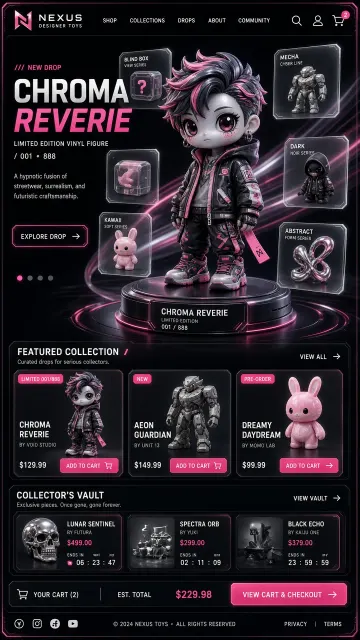E-Commerce UI image example: Designer Toy E-Commerce UI Design with Neon Pink Palette