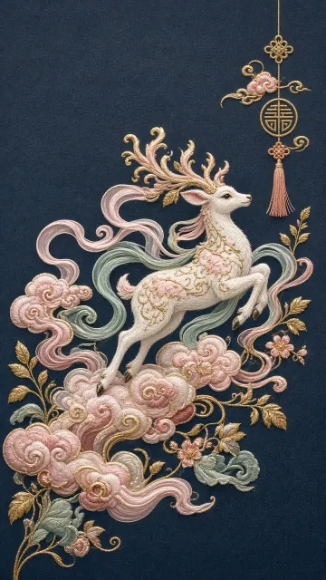 Dreamy & Ethereal image example: Embroidered Celestial Deer Leaping on Clouds