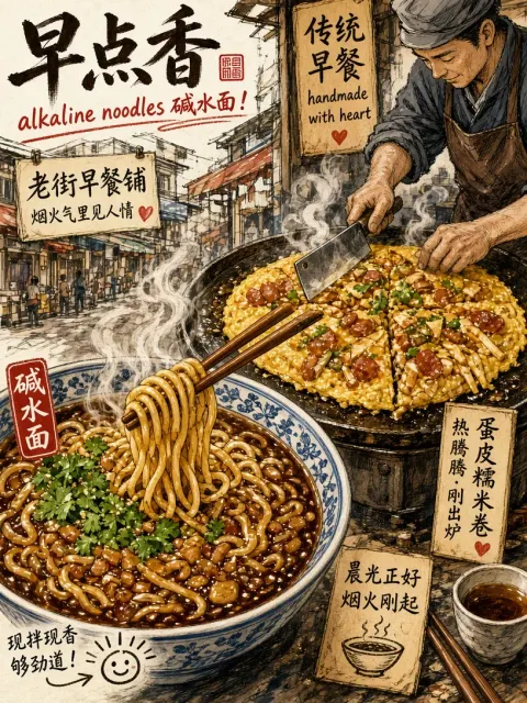 Hand-Drawn Street Food Illustration of Hot Dry Noodles and Doupi