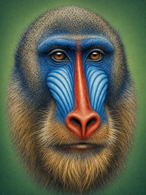 Stippled Mandrill Close-Up Pen and Ink Portrait