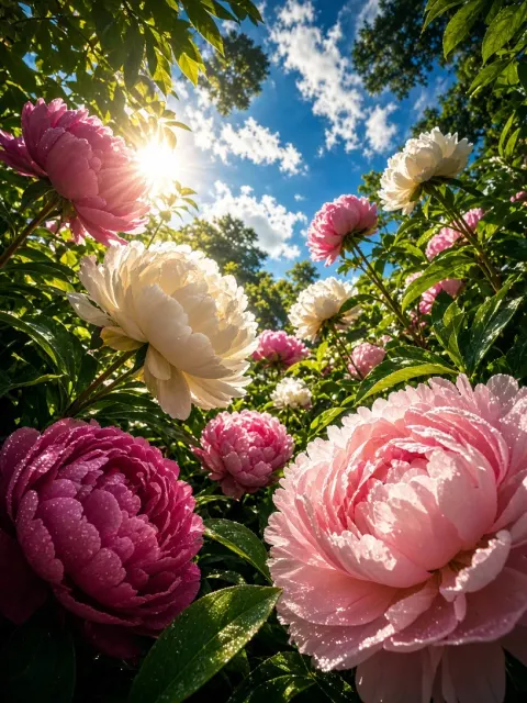 Low Angle Upward View of Blooming Peonies