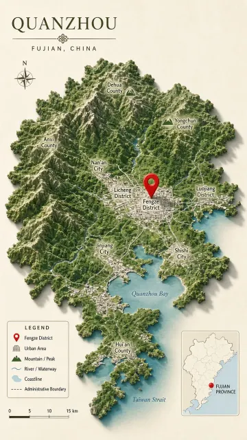 Cartography image example: Realistic Quanzhou Topographic Map with Red Pin