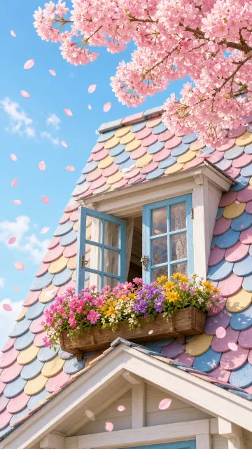 Pastel Palette image example: Pastel Cottage Dormer Window with Cherry Blossoms