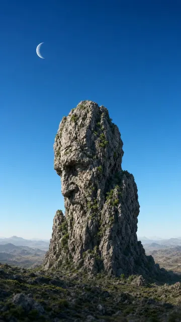 Surreal Monolith with Moss Under Crescent Moon
