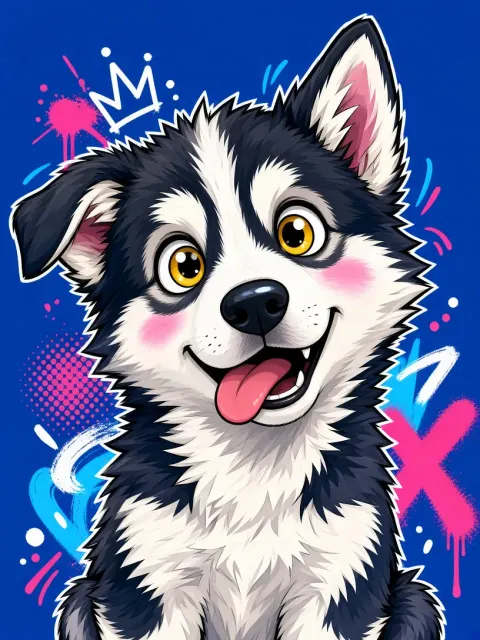 Avatar Icon image example: Cartoon Graffiti Husky Portrait on Royal Blue