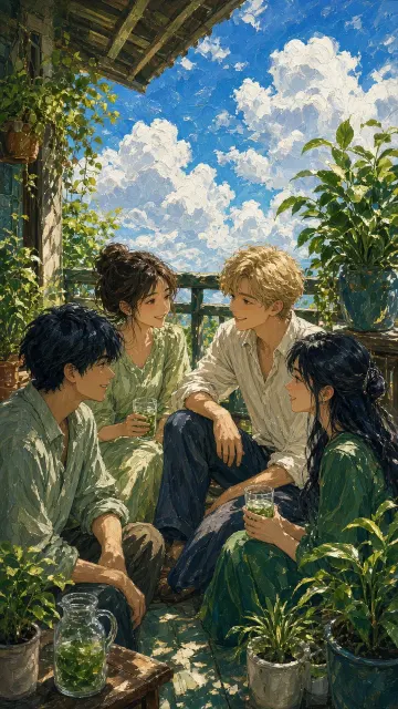 Summer Breeze image example: Anime Oil Painting of Friends on a Lush Balcony