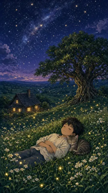 Nostalgic Countryside Summer Night with Starry Sky and Fireflies