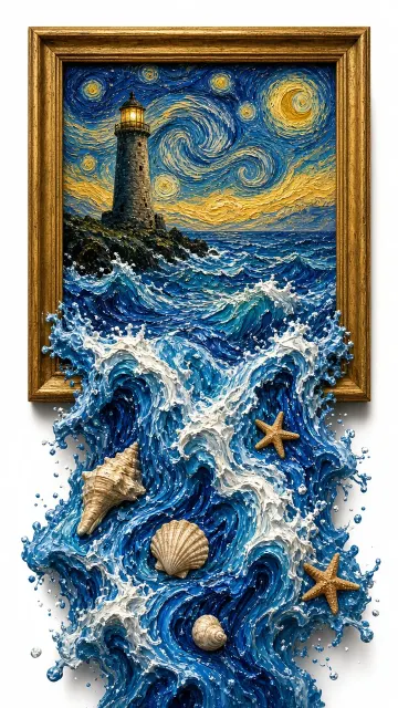 Lighthouse image example: Van Gogh Style Surrealistic Ocean Spill Oil Painting