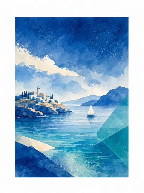 Minimalist Watercolor European Island Seascape