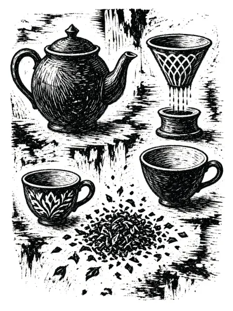 Woodcut Print image example: Black and White Woodcut Teaware Still Life