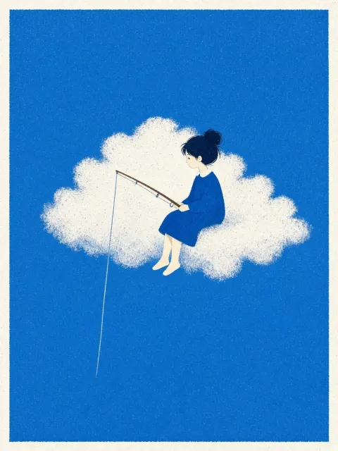 Screenprint Girl Fishing on a Cloud