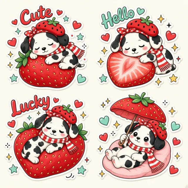 black and white dog image example: Chibi Cow Dog and Strawberry Sticker Illustration