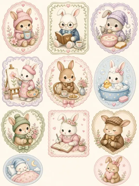 Sticker Set image example: Cute Bunny Vignette Sticker Collection