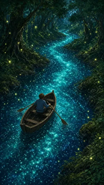 Night Sky image example: Luminous River Night Rowboat Anime Illustration