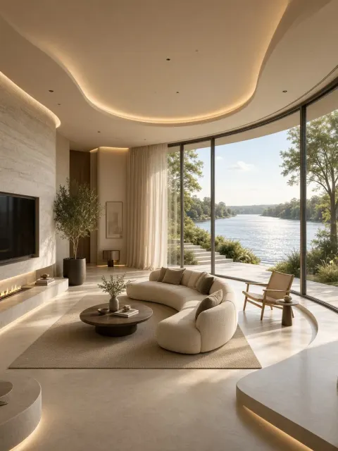 Modern Minimalist Riverside Villa Interior Panorama