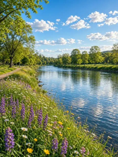 panoramic landscape image example: Spring Morning Riverside Park Panoramic View