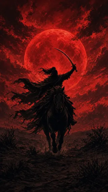 Silhouette of Mounted Warrior Under Crimson Sun Concept Art