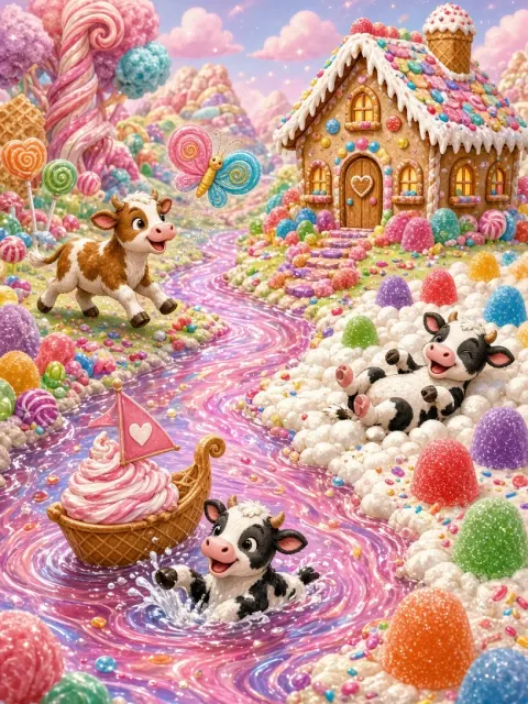 Candy Land image example: Whimsical Candy World with Miniature Cows Illustration