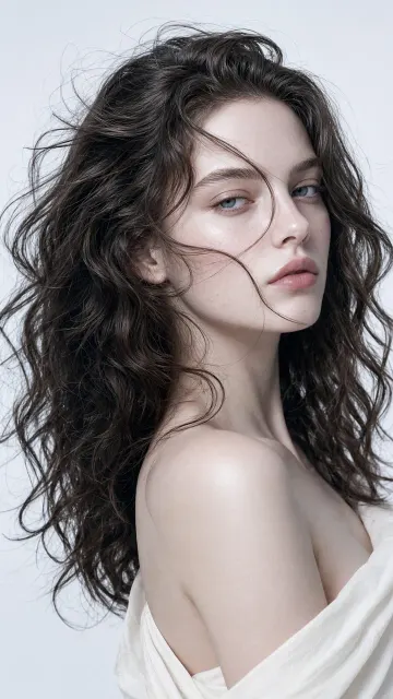 Beauty image example: Cool-Toned Portrait of Elegant Woman with Wavy Hair