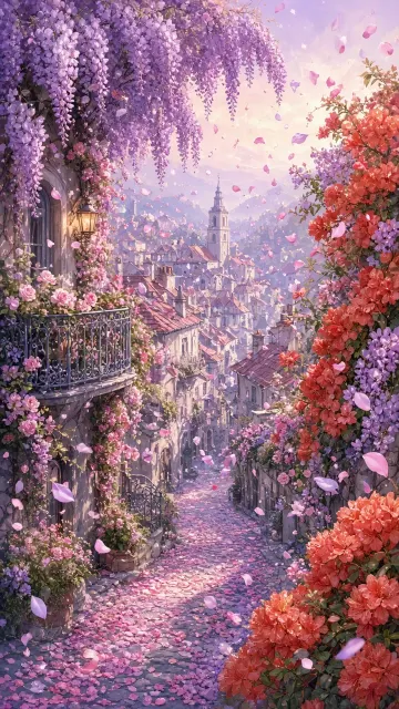 Romantic Spring Blossom Town Digital Painting