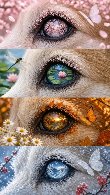 Animal Photography image example: Photorealistic Four-Panel Canine Eyes of Four Seasons