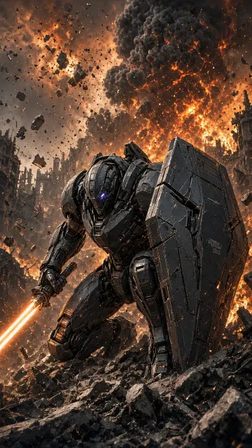 Action Scene image example: Sci-Fi Mecha Shielding Blast with Energy Blade