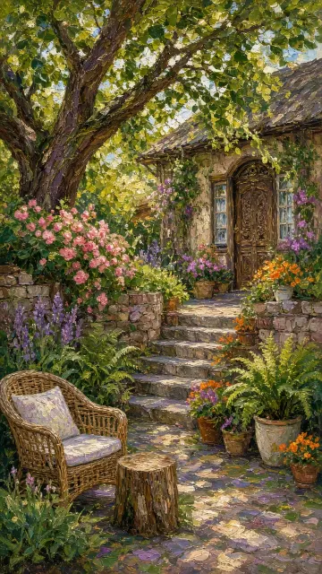 Impressionist Oil Painting of Blooming Garden Courtyard