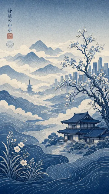 Blue Monochrome image example: Blue-Toned Topographic Nature and Cityscape Illustration