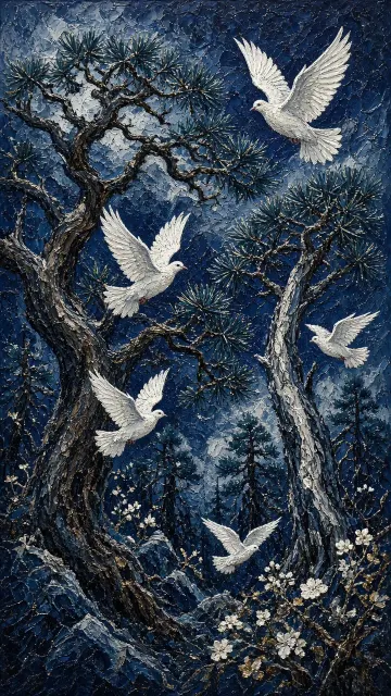 Blue Toned Pine Forest and Doves Decorative Illustration