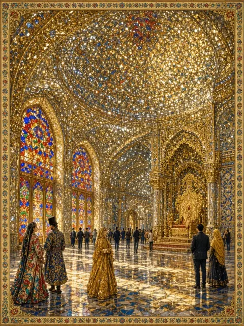 Palace Interior image example: European Folk Illustration of Golestan Palace Hall of Mirrors