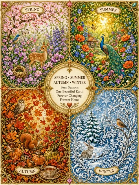 Four Seasons image example: Maximalist Four Seasons Picture Book Illustration
