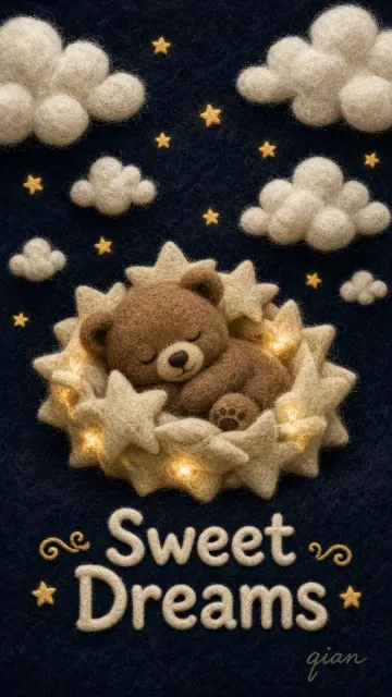 Textile Art image example: Felt Wool Illustration Bear Sleeping Among Stars
