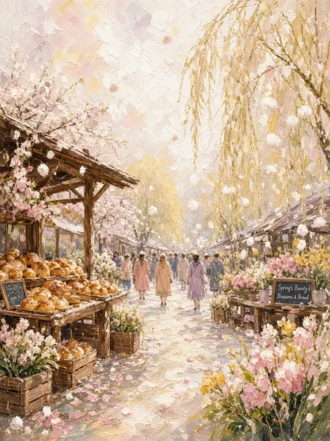 Warm Palette image example: Impressionistic Spring Street Market Illustration