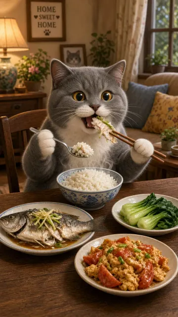 Chubby Cat image example: Anthropomorphic British Shorthair Cat Dining Scene