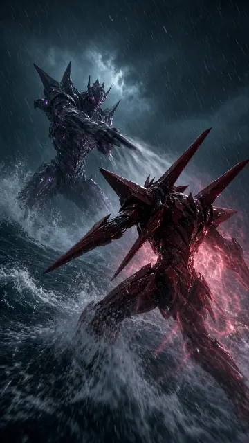 Sci-Fi Action image example: Photorealistic Giant Mecha Battle on a Rainy Ocean