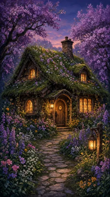 Fairytale Wooden Cottage Beneath Blooming Trees