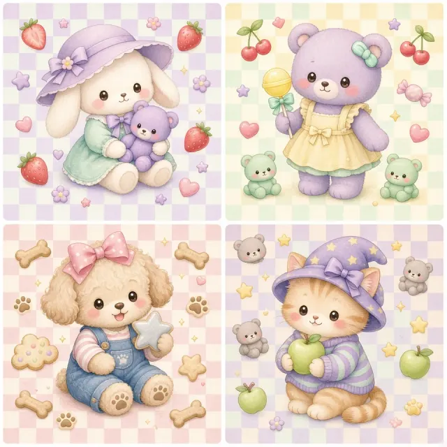 Kawaii image example: Pastel Macaron Four-Panel Cute Pets Illustration