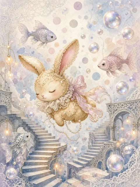 Dreamy & Ethereal image example: Dreamy Floating Cake Bunny Surrealist Still Life